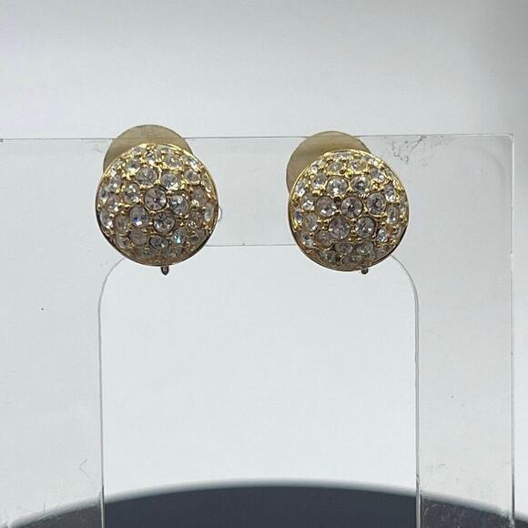 Swarovski Signed Swan Domed Button 18k Gold Plated Crystal Pave Clip On Earrings - Picture 1 of 15
